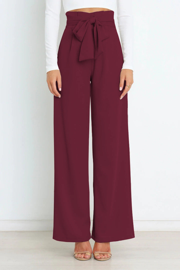 Pantalon large taille haute avec ceinture ruban pour femme