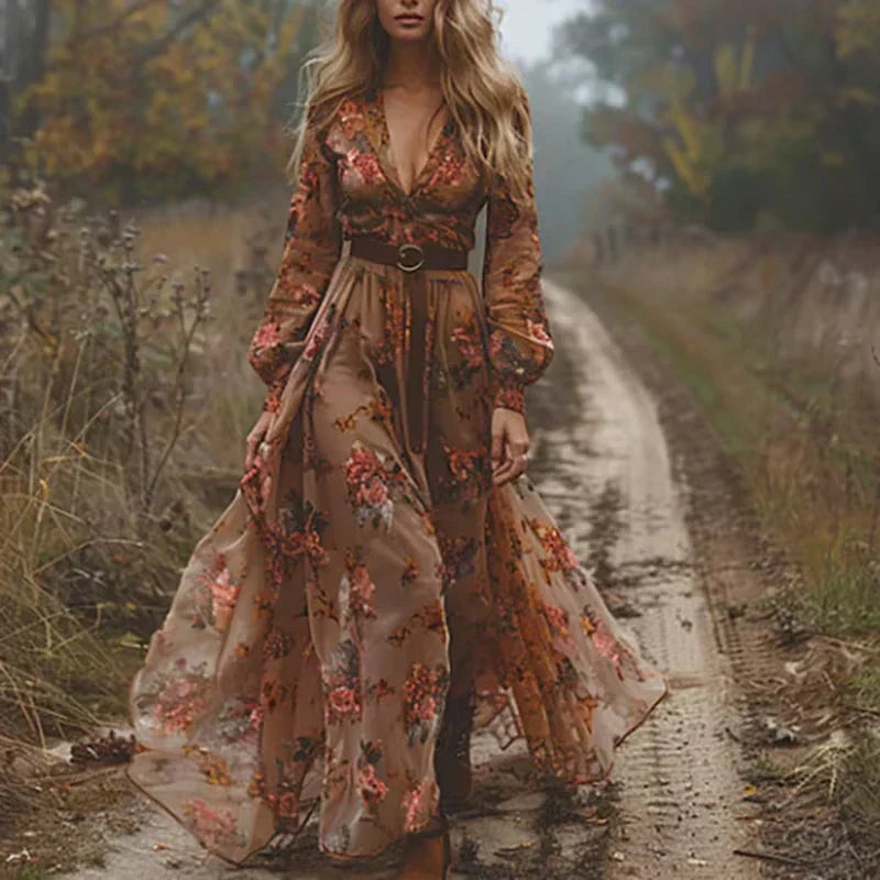 Robe Longue Femme – Imprimé Floral Bohème – Coupe Fluide – Manches Longues – Jupe à Volants