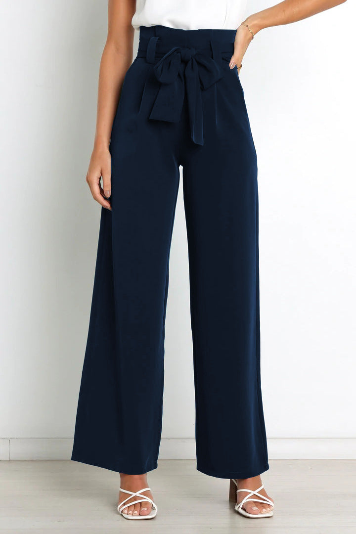 Pantalon large taille haute avec ceinture ruban pour femme