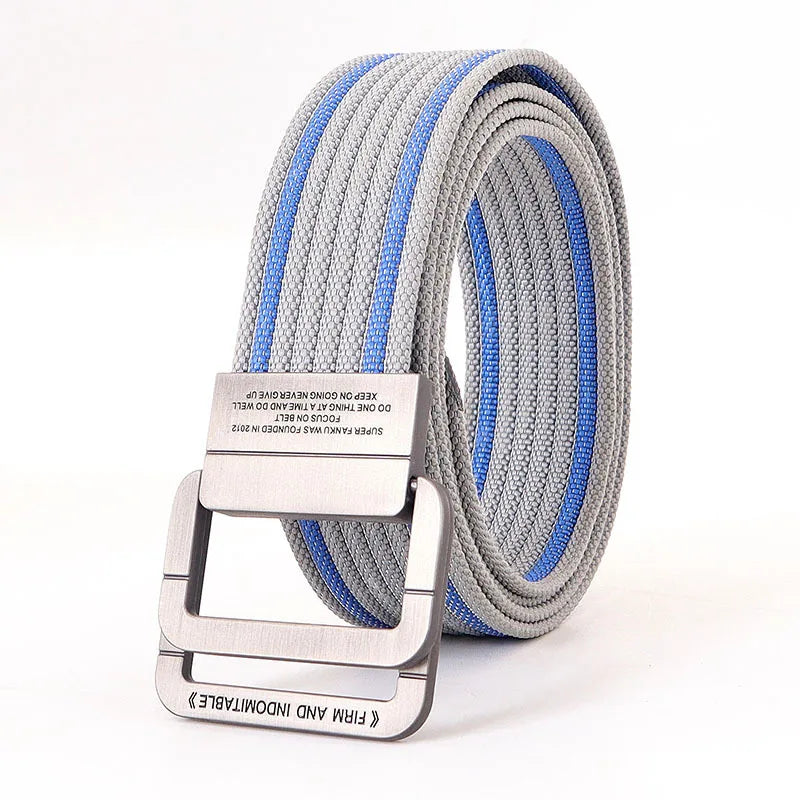 Ceinture Taille Unisexe en Toile Rayée – Sangle Décontractée à Boucle Métallique Double Anneau