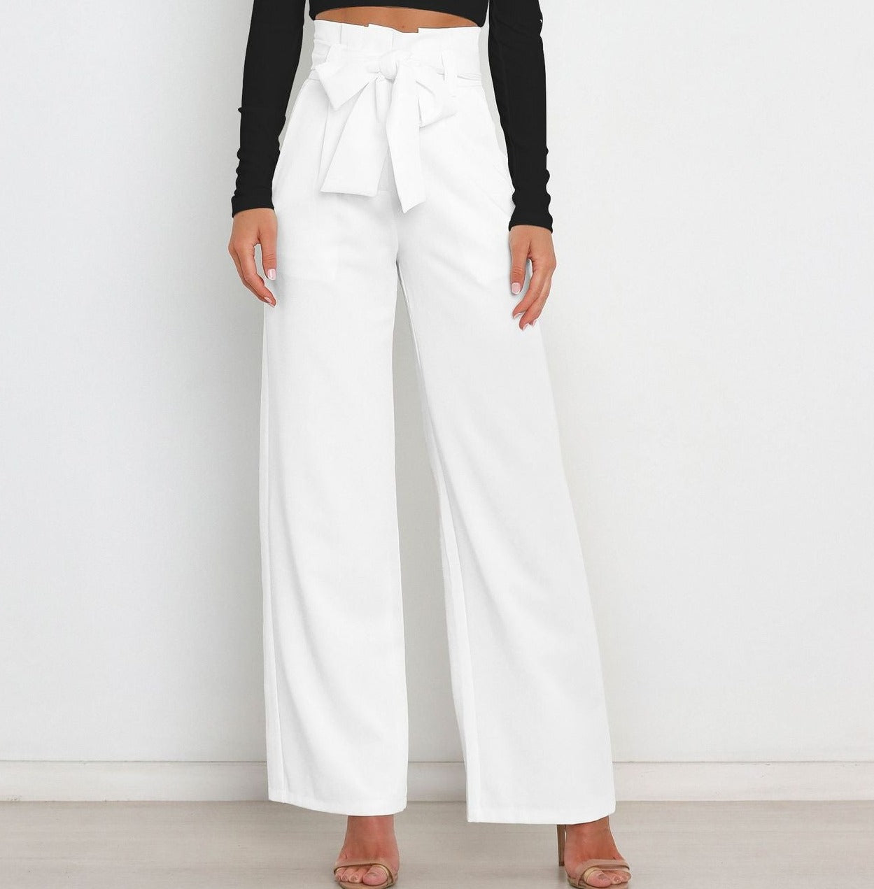 Pantalon large taille haute avec ceinture ruban pour femme