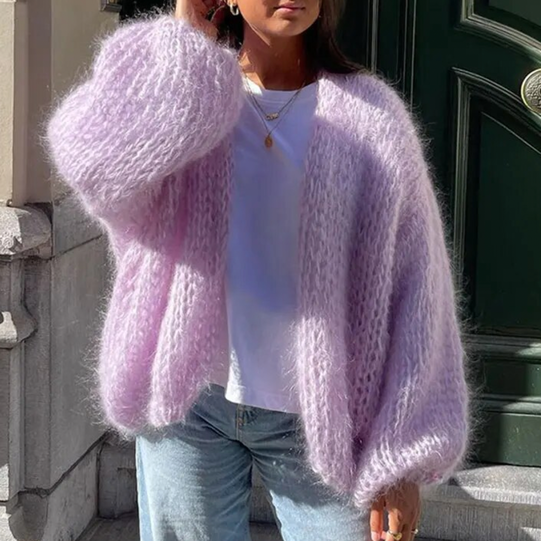 Femmes Ouvrir Gilet en Laine Mohair Doux – Manteau d’Hiver Violet Élégant et Fluffy