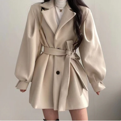 Manteau Ceinturé Femme en Laine Mélangée – Manches Bouffantes