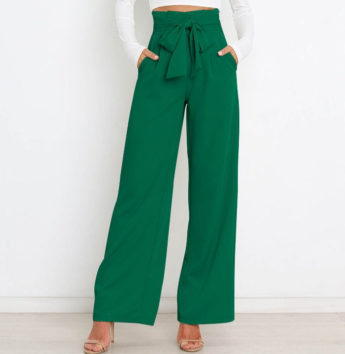 Pantalon large taille haute avec ceinture ruban pour femme
