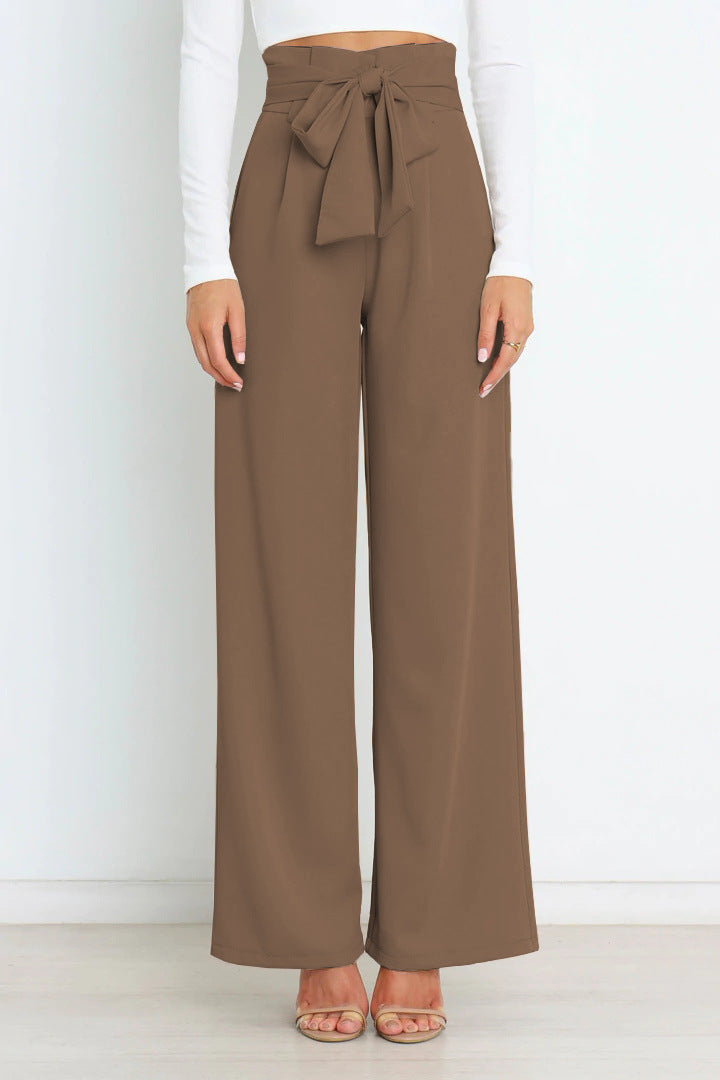 Pantalon large taille haute avec ceinture ruban pour femme
