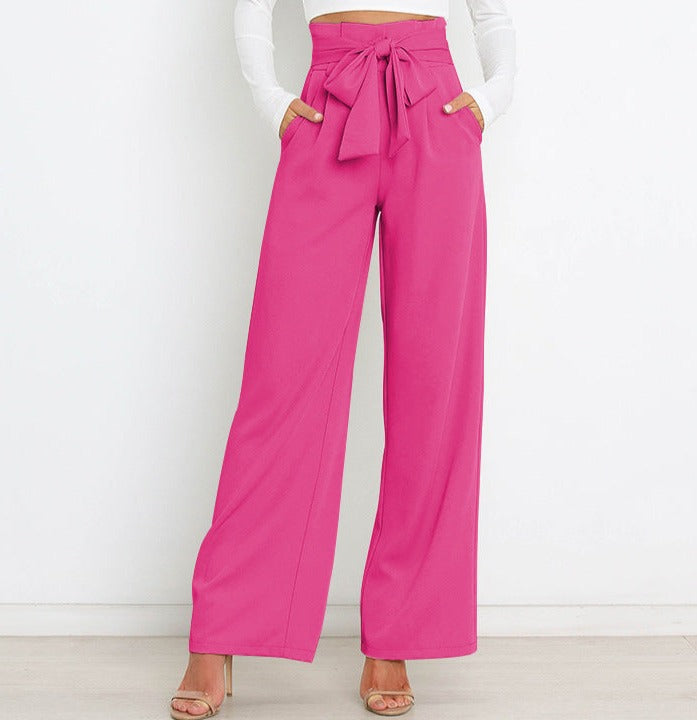 Pantalon large taille haute avec ceinture ruban pour femme