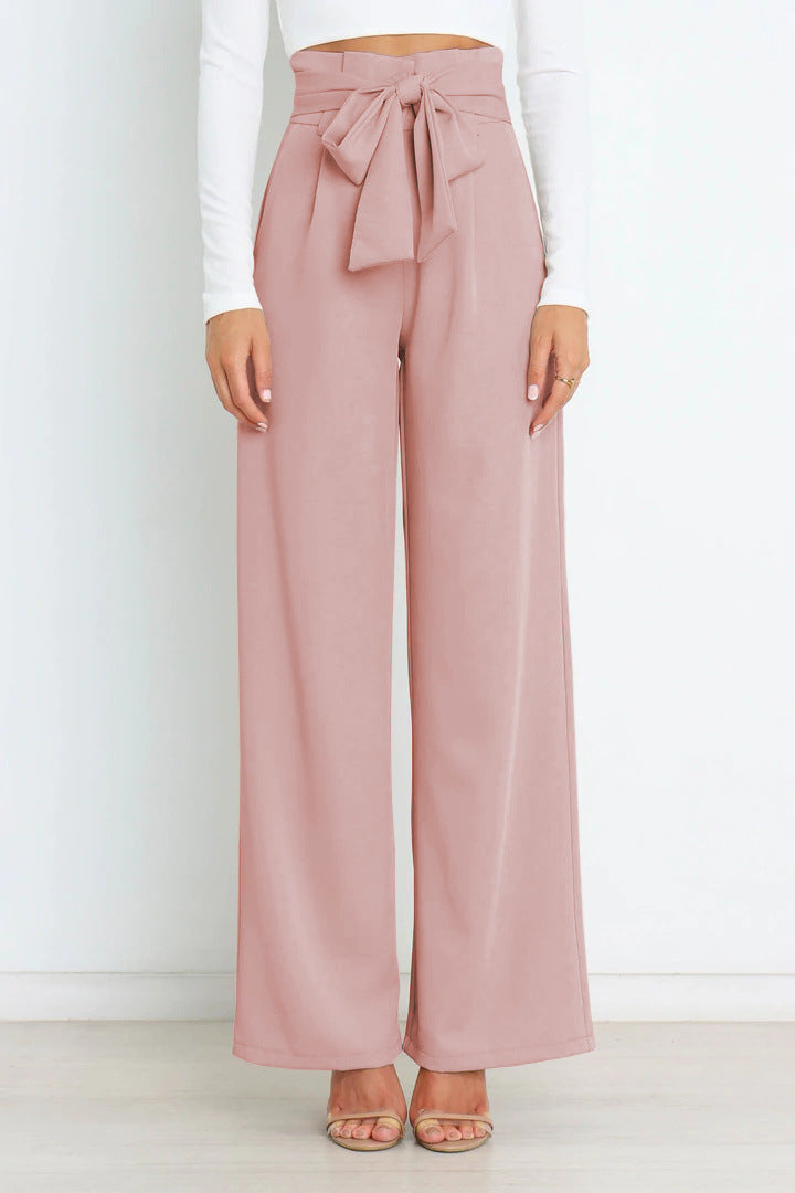 Pantalon large taille haute avec ceinture ruban pour femme