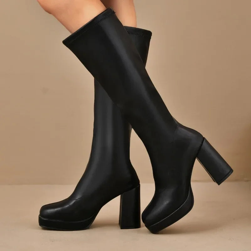 Cuissardes noires pour femme | Talon épais à plateforme