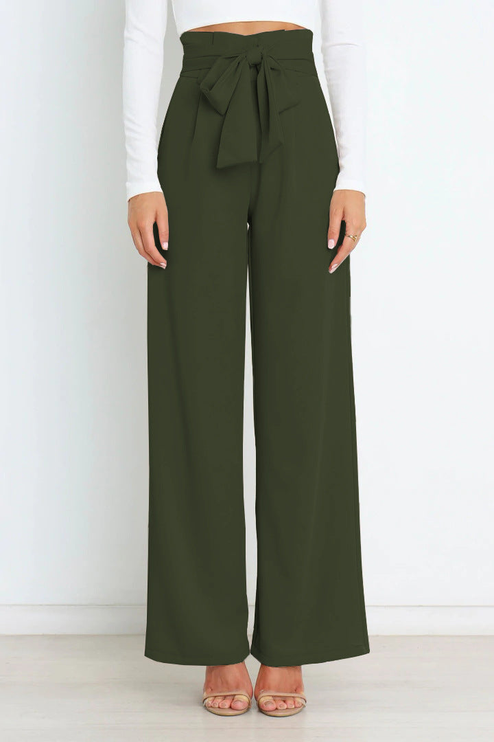 Pantalon large taille haute avec ceinture ruban pour femme