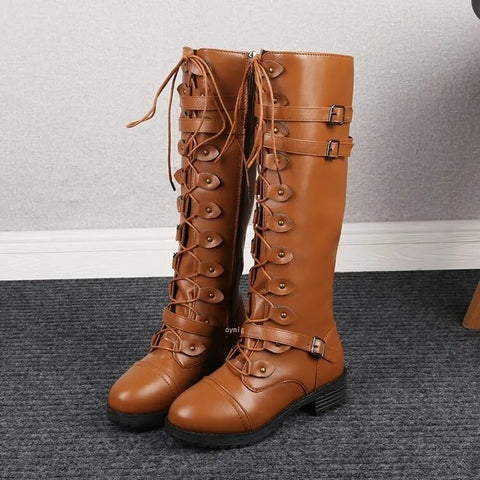 Bottes plates rétro pour femme avec boucle et lacets