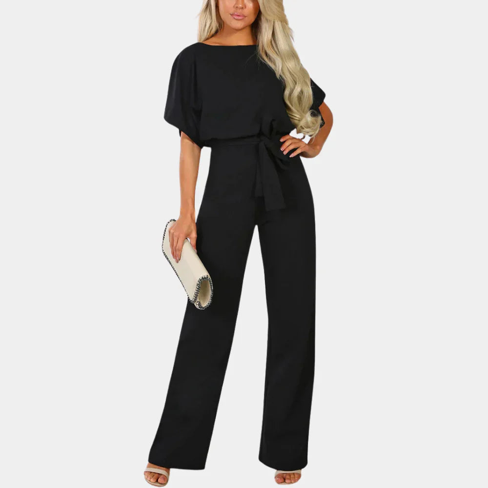 Combinaison élégante femmes – Ceinture, manches courtes et jambes larges, tenue flatteuse et pour occasions décontractées ou habillées