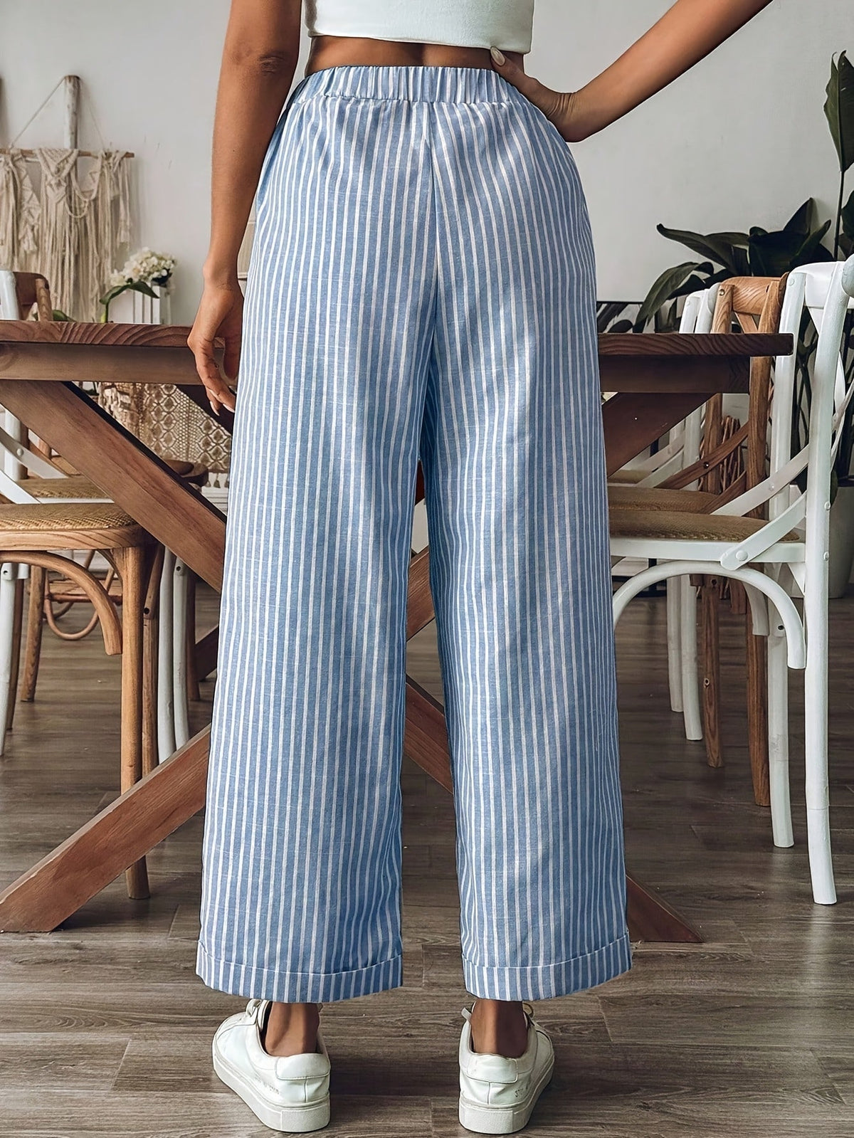 Pantalon large en lin raye femme - Fluide et decontracte