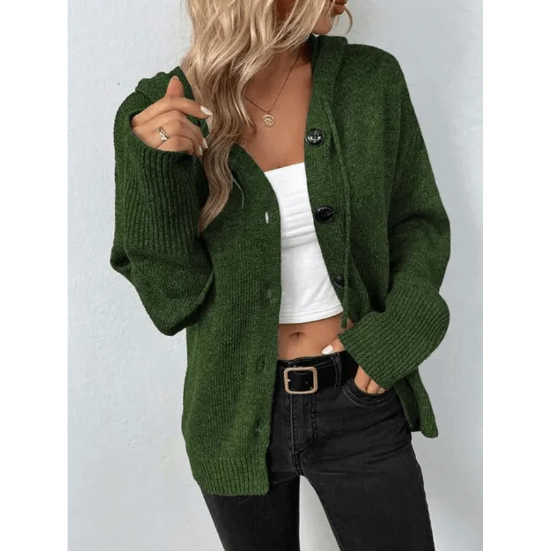 Gilet Cardigan Tricoté à Capuche pour Femme – Décontracté Col V Boutonné Manches Longues