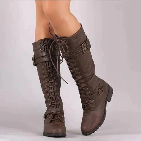 Bottes plates rétro pour femme avec boucle et lacets
