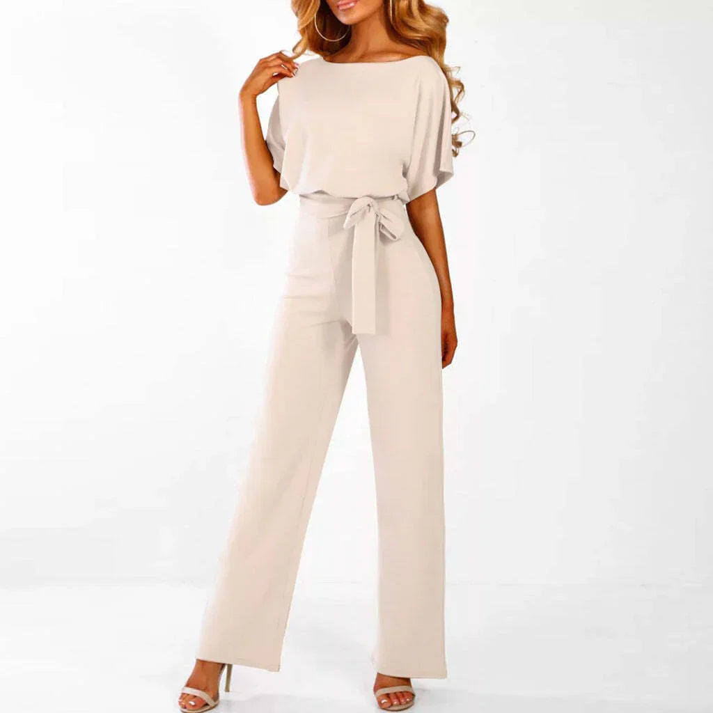 Combinaison élégante femmes – Ceinture, manches courtes et jambes larges, tenue flatteuse et pour occasions décontractées ou habillées