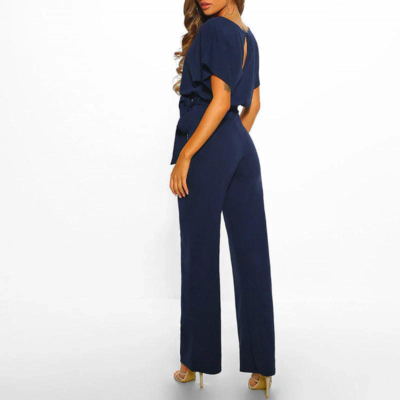 Combinaison élégante femmes – Ceinture, manches courtes et jambes larges, tenue flatteuse et pour occasions décontractées ou habillées