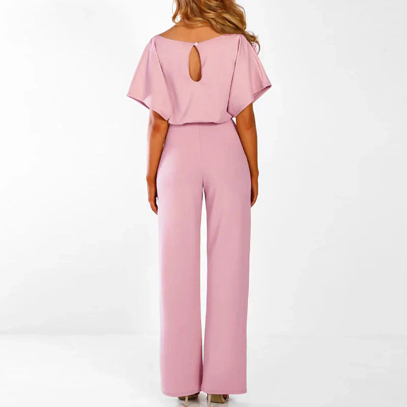 Combinaison élégante femmes – Ceinture, manches courtes et jambes larges, tenue flatteuse et pour occasions décontractées ou habillées
