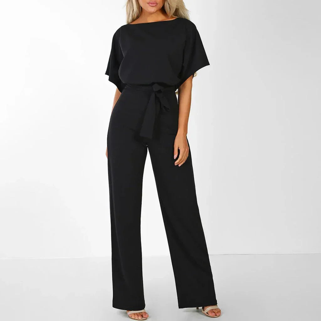 Combinaison élégante femmes – Ceinture, manches courtes et jambes larges, tenue flatteuse et pour occasions décontractées ou habillées