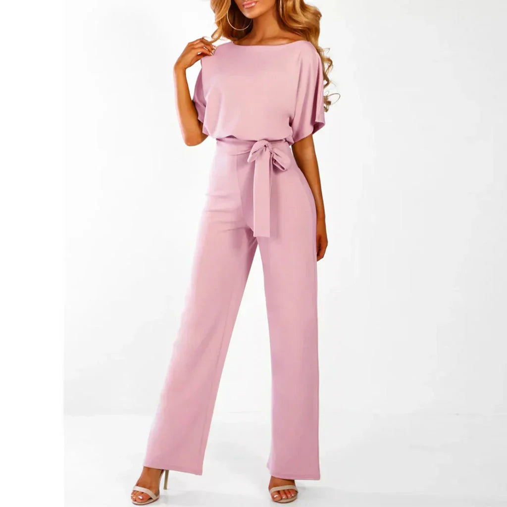 Combinaison élégante femmes – Ceinture, manches courtes et jambes larges, tenue flatteuse et pour occasions décontractées ou habillées