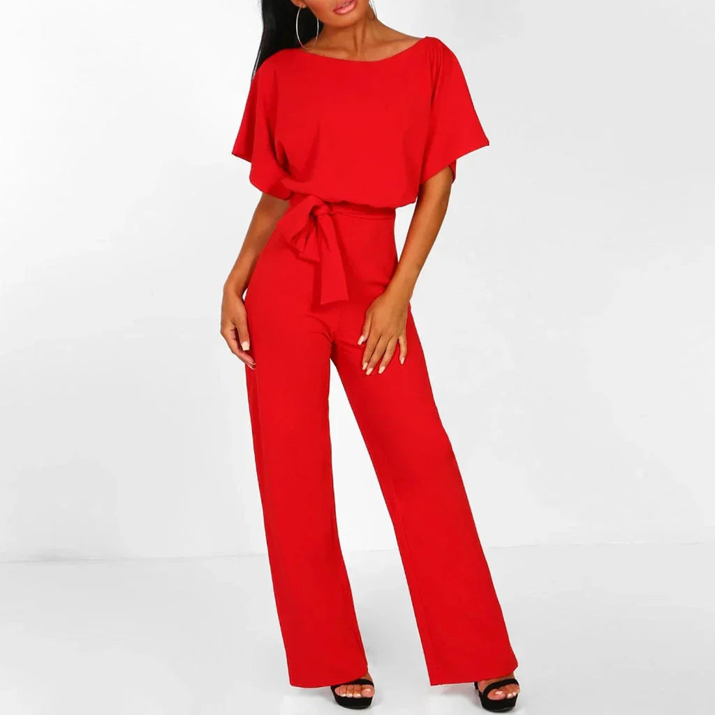 Combinaison élégante femmes – Ceinture, manches courtes et jambes larges, tenue flatteuse et pour occasions décontractées ou habillées