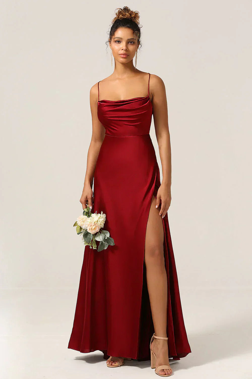 Women's Satin Evening Dress with Open Back and Slit - Elegant and Glamorous