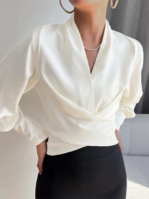 Blouse à manches bouffantes et décolleté en V pour femme – Élégante, Chic, Polyvalente