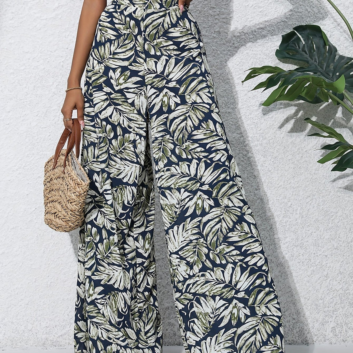 Pantalon large en coton imprimé floral bohème pour femmes - Taille haute, ceinture élastique, pantalon long de plage pour vacances d'été, style décontracté élégant