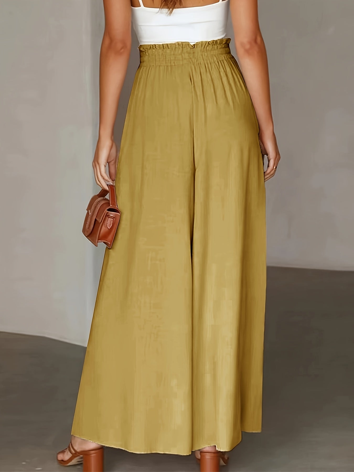 Pantalon Femme Jambe Large - Couleur Unie Élégante, Tissu Polyester Lisse Tissé - Décontracté Chic Toutes Saisons | Taille Micro-Élastique | Coupe Longue et Ample