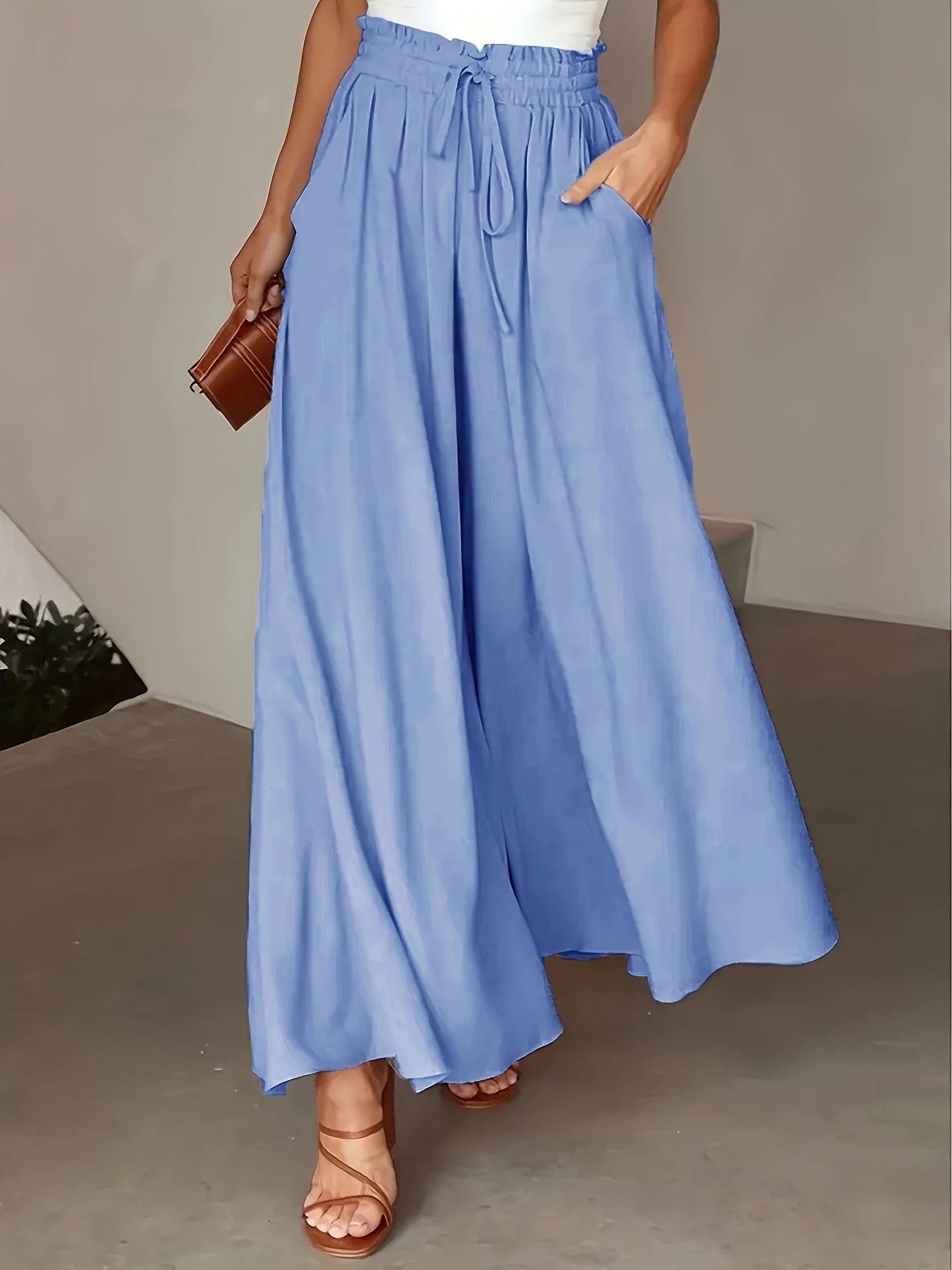 Pantalon Femme Jambe Large - Couleur Unie Élégante, Tissu Polyester Lisse Tissé - Décontracté Chic Toutes Saisons | Taille Micro-Élastique | Coupe Longue et Ample