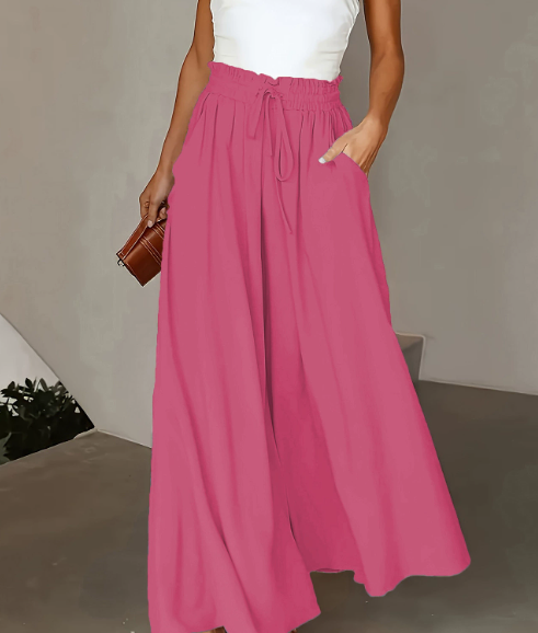 Pantalon Femme Jambe Large - Couleur Unie Élégante, Tissu Polyester Lisse Tissé - Décontracté Chic Toutes Saisons | Taille Micro-Élastique | Coupe Longue et Ample