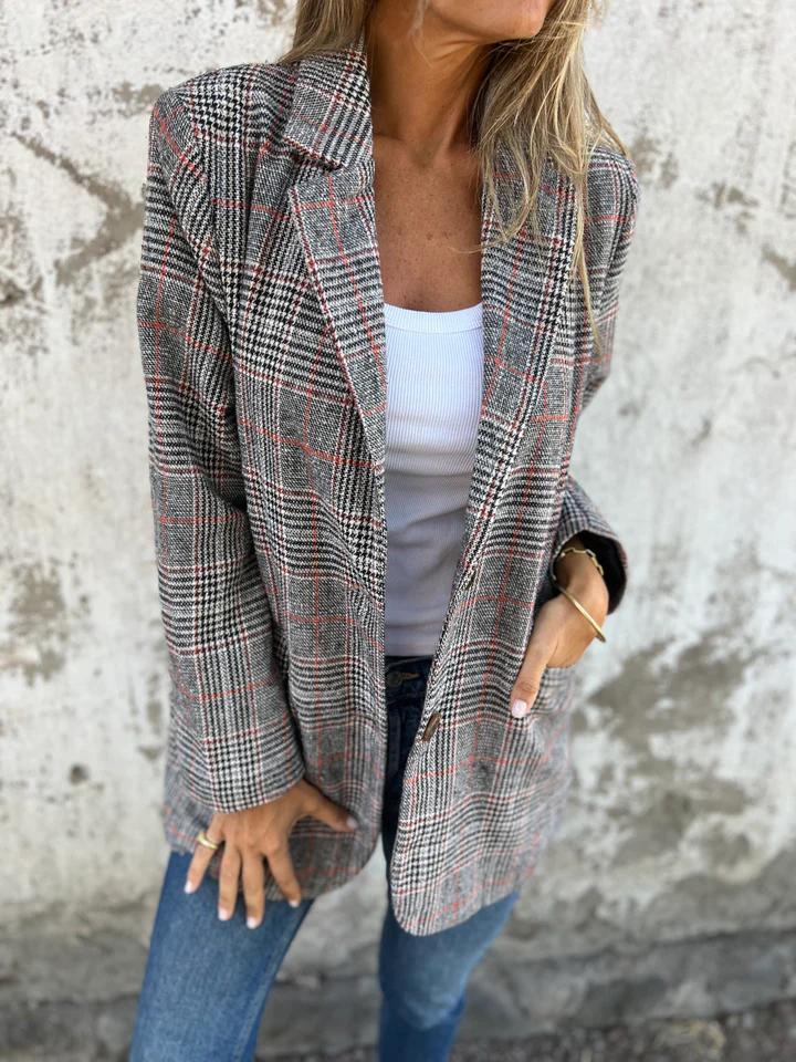 Blazer femme élégant à carreaux – Long col tailleur, veste légère stylée pour le bureau et le quotidien