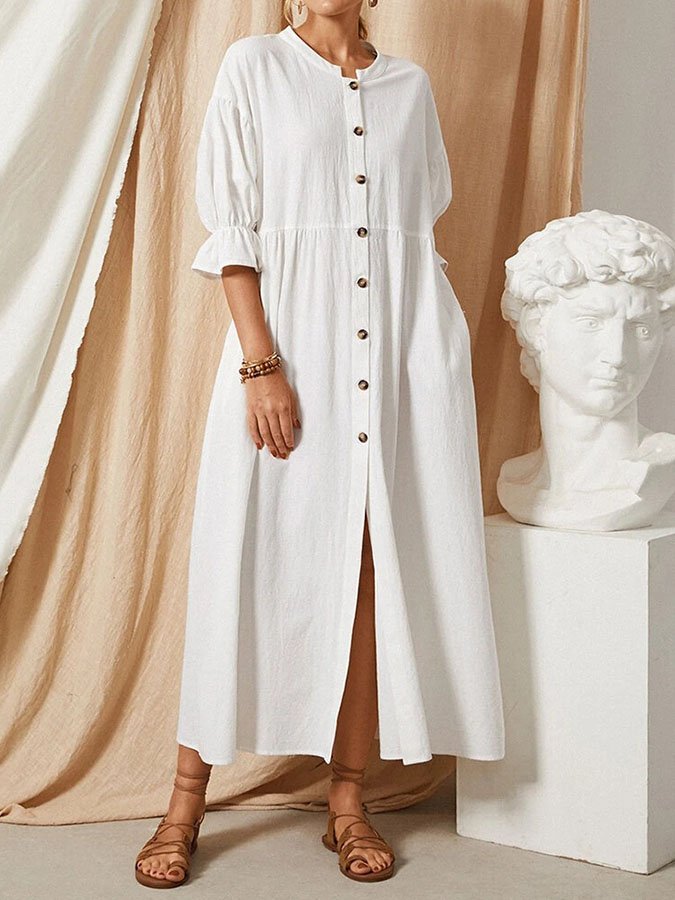 Long linen dress for women with button placket and puffed sleeves