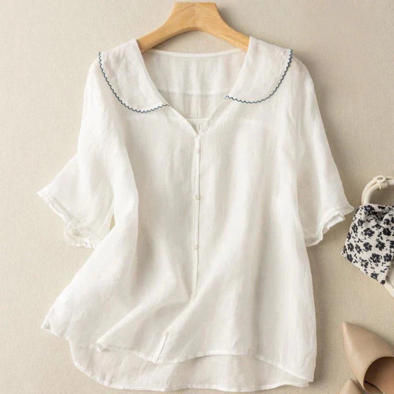 Blouse décontractée en lin aéré à col en V manches courtes femmes – Haut d’été léger respirant à coupe ample