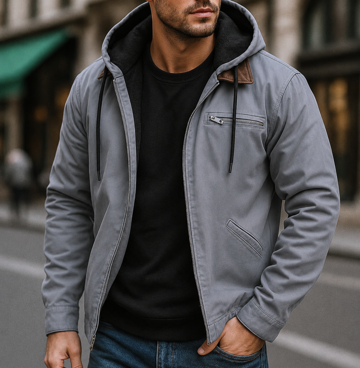 Elegant Autumn Jacket for Men with Zipper and Hood – Light and Stylish Layer