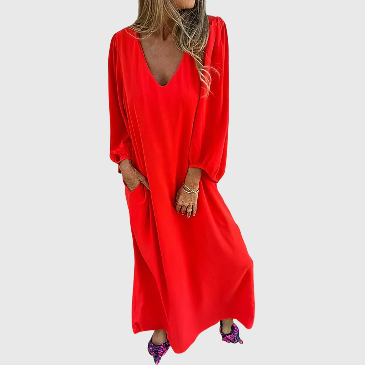 Robe Midi Bohème Col V avec Poches – Confort Décontracté