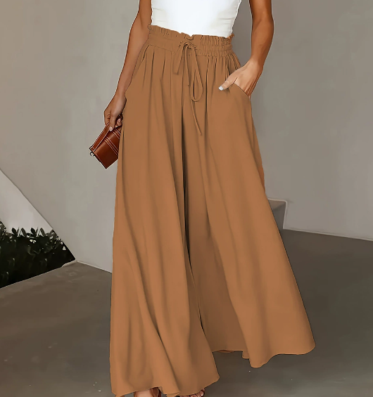 Pantalon Femme Jambe Large - Couleur Unie Élégante, Tissu Polyester Lisse Tissé - Décontracté Chic Toutes Saisons | Taille Micro-Élastique | Coupe Longue et Ample