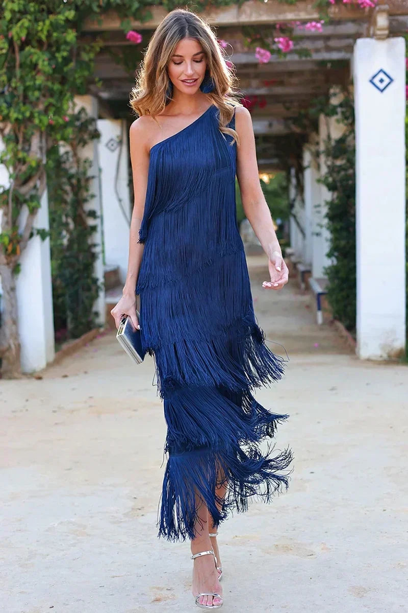 Women's Long Blue Maxi Dress with Fringes for Wedding Guests – Flowing – Dolce-Paris Women's Long Blue Maxi Dress with Fringes for Wedding Guests – Flowing – Dolce-Paris