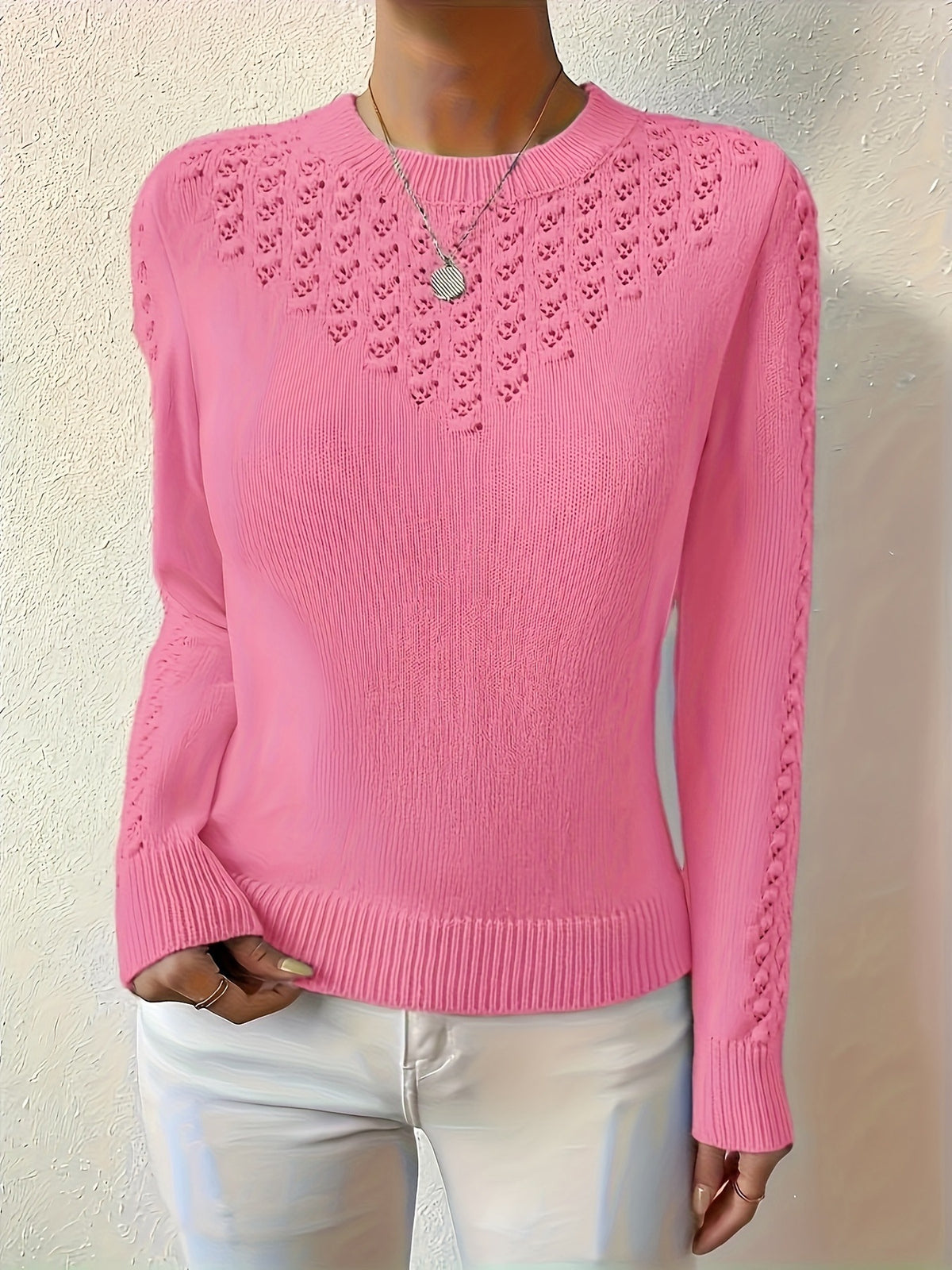 Women's openwork crew-neck sweater - Soft and elegant