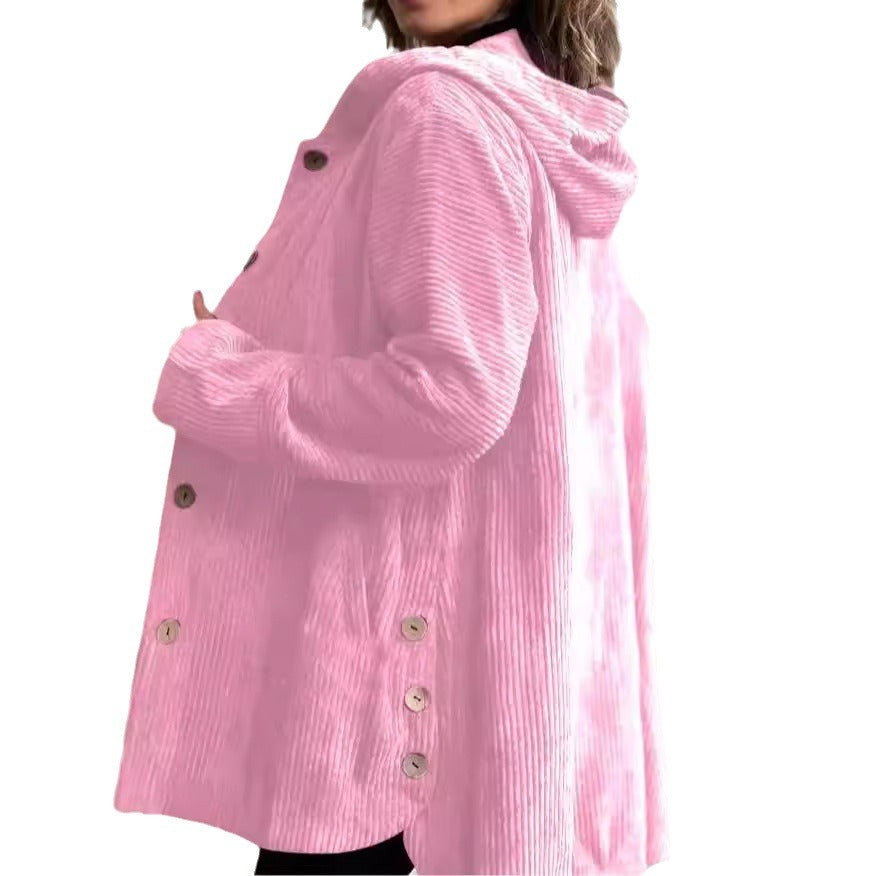 Veste Femme Élégante en Velours Côtelé à Capuche – Pull Boutonné Mi-Long Décontracté