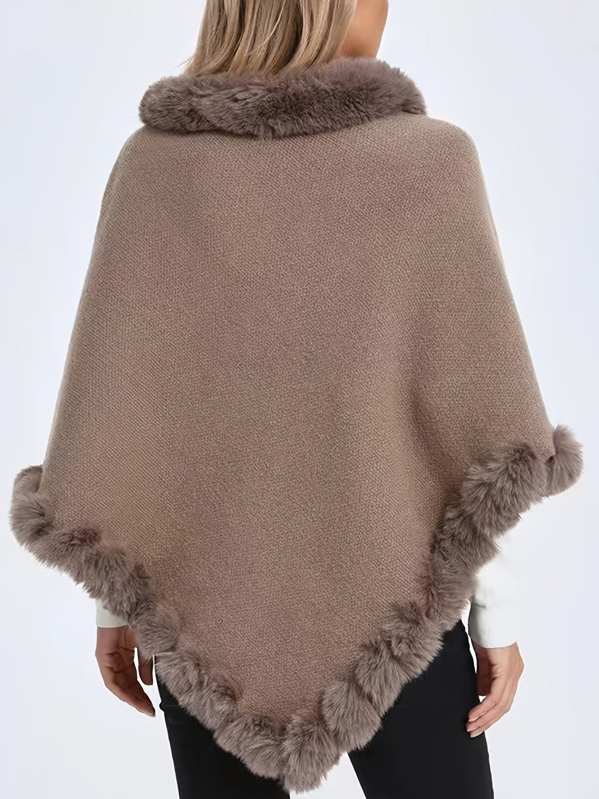 Poncho Tricoté Élégant Femme à Bordure en Fourrure – Cape Châle d’Hiver en Acrylique Doux
