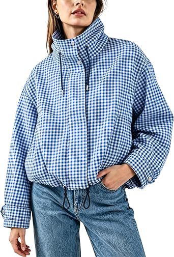 Veste femme à carreaux, col montant et fermeture zippée – Style décontracté chic et court