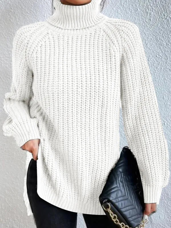 Pull à col roulé pour femme avec manches raglan et ourlet fendu