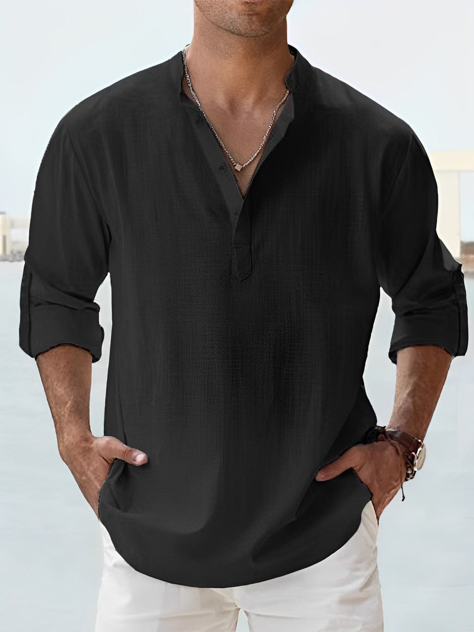Chemise Noir Élégante en Lin pour Hommes