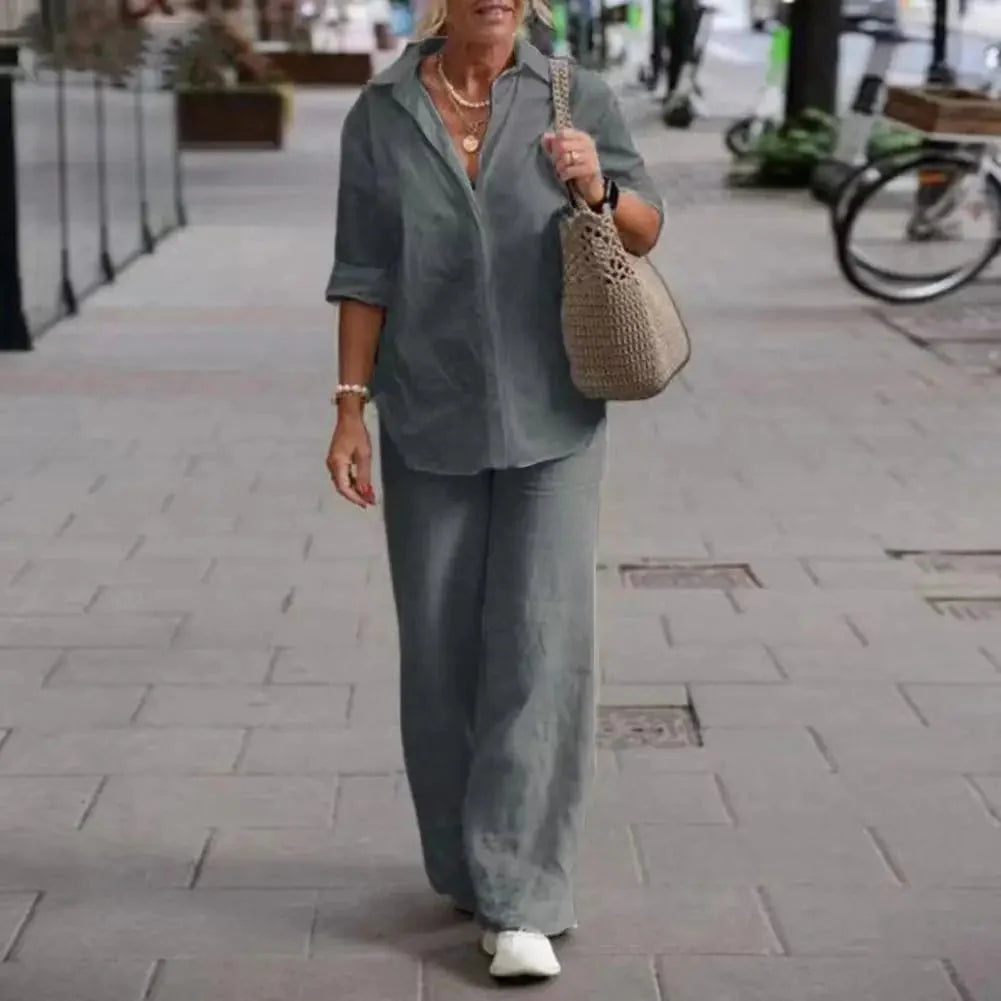 Ensemble Femme Lin Décontracté Élégant Manches Courtes Chemisier Boutonné – Haut Respirant et Pantalon Large – Tenue Légère d’Été