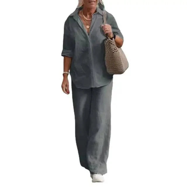 Ensemble Femme Lin Décontracté Élégant Manches Courtes Chemisier Boutonné – Haut Respirant et Pantalon Large – Tenue Légère d’Été