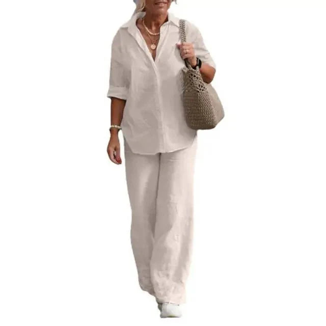 Ensemble Femme Lin Décontracté Élégant Manches Courtes Chemisier Boutonné – Haut Respirant et Pantalon Large – Tenue Légère d’Été