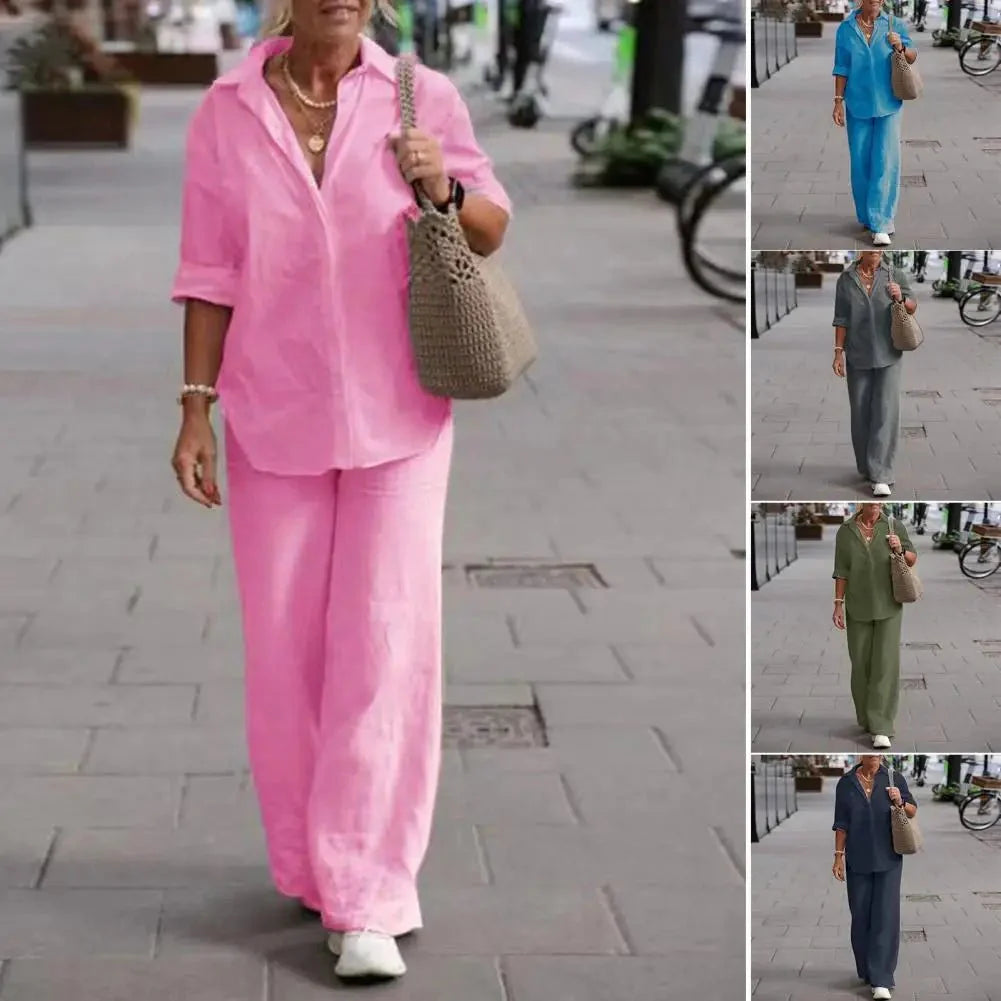 Ensemble Femme Lin Décontracté Élégant Manches Courtes Chemisier Boutonné – Haut Respirant et Pantalon Large – Tenue Légère d’Été