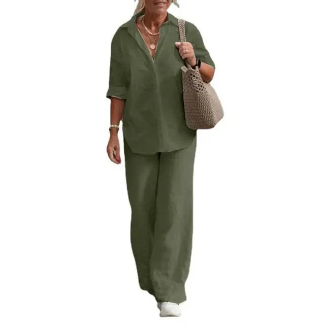 Ensemble Femme Lin Décontracté Élégant Manches Courtes Chemisier Boutonné – Haut Respirant et Pantalon Large – Tenue Légère d’Été