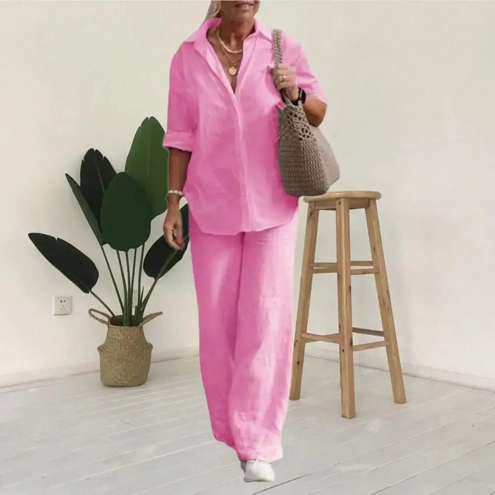 Ensemble Femme Lin Décontracté Élégant Manches Courtes Chemisier Boutonné – Haut Respirant et Pantalon Large – Tenue Légère d’Été