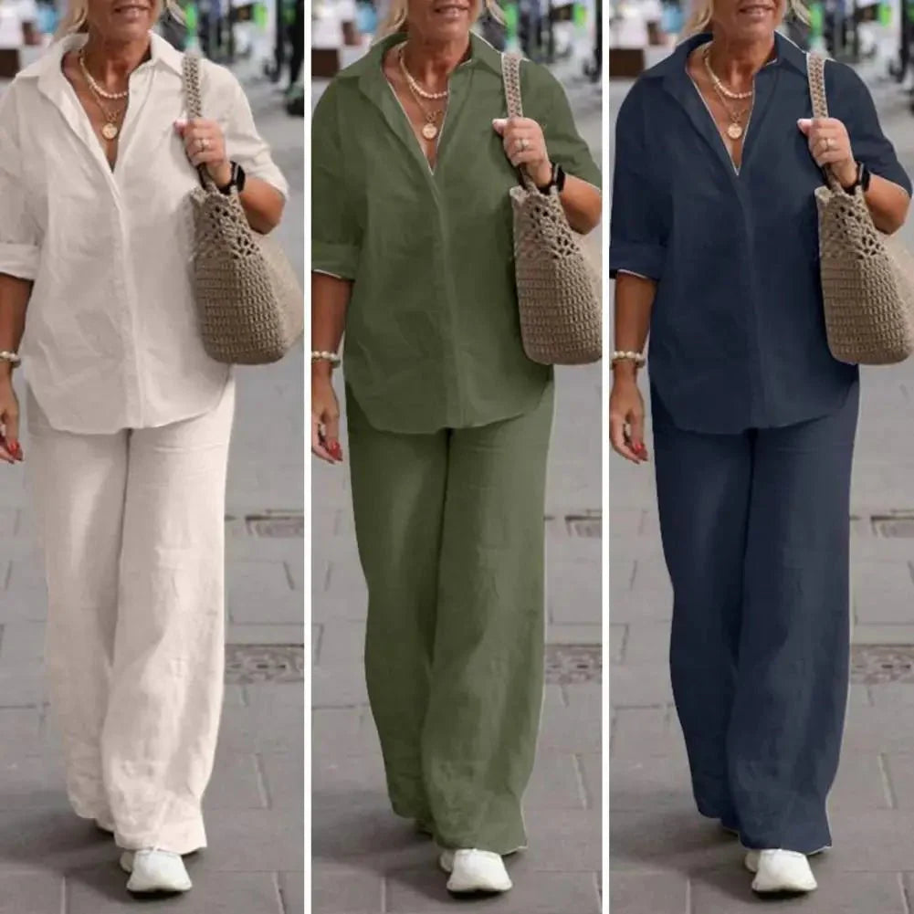 Ensemble Femme Lin Décontracté Élégant Manches Courtes Chemisier Boutonné – Haut Respirant et Pantalon Large – Tenue Légère d’Été